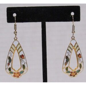 Vintage Cloisonne Earrings Gold Tone Enamel White Floral Old Money Quiet Estate